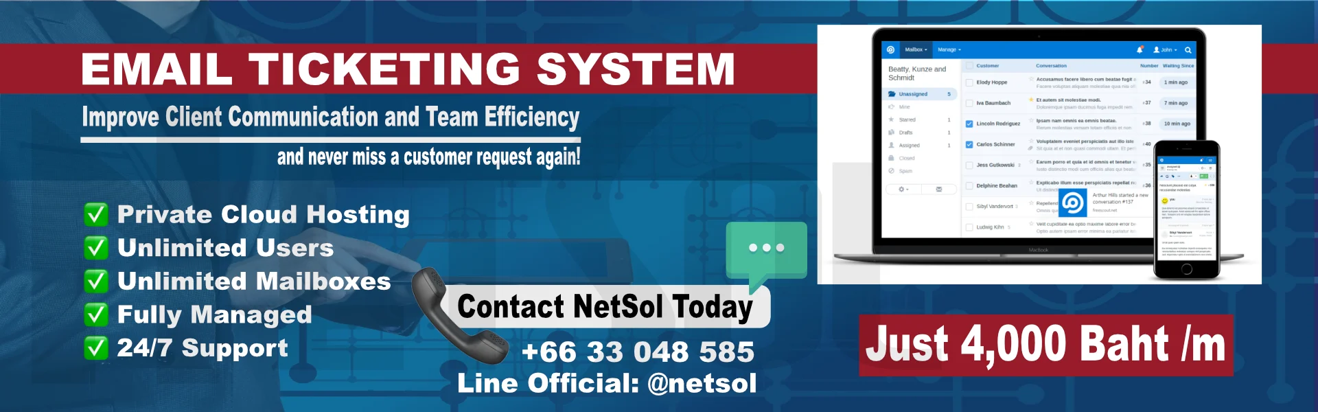 Banner promoting an email-based ticketing system for streamlined IT support and customer service