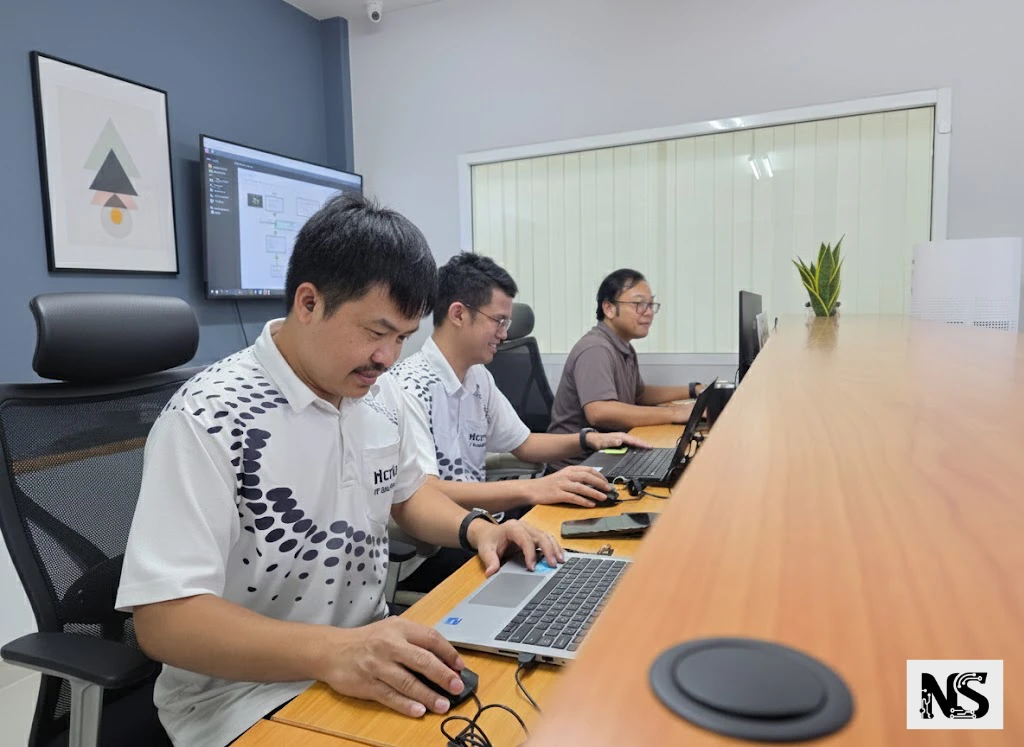 Modern IT office in Thailand with professional technicians working on computers and servers